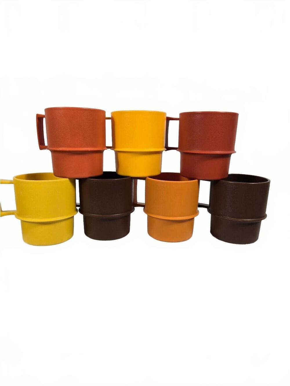 Vintage 1970s Tupperware Stackable Mugs (Lot of 7) Harvest Colors Retro Kitchen